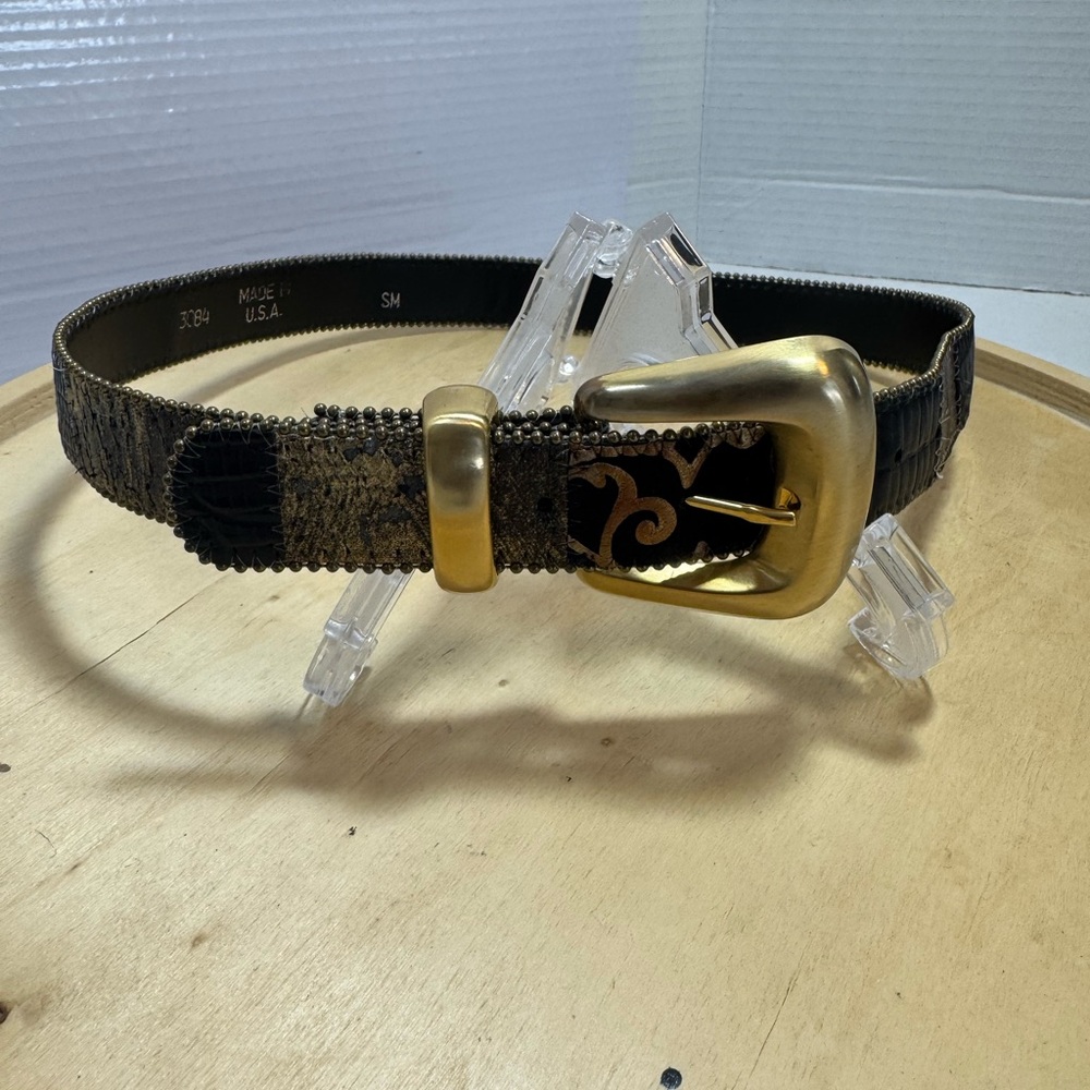Vintage Gold and Brown Patchwork Belt with Gold Buckle Size Sm